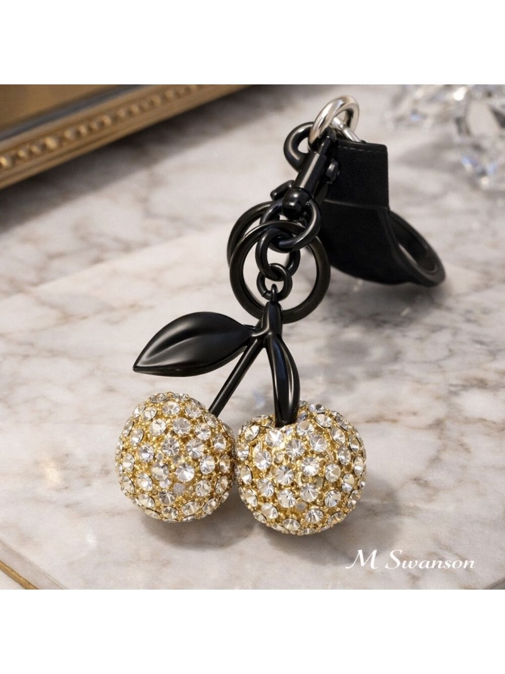 Gold Rhinestone Cherry Bag Charm Keychain Black Hardware NWT